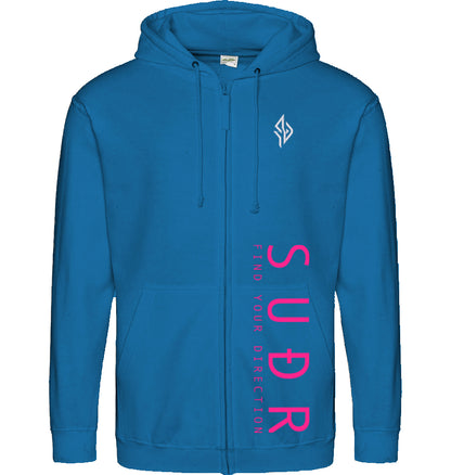 SUÐR FIND 07 Zoodie in Sapphire Blue – Vorderansicht mit Emblem und SUÐR-Schriftzug