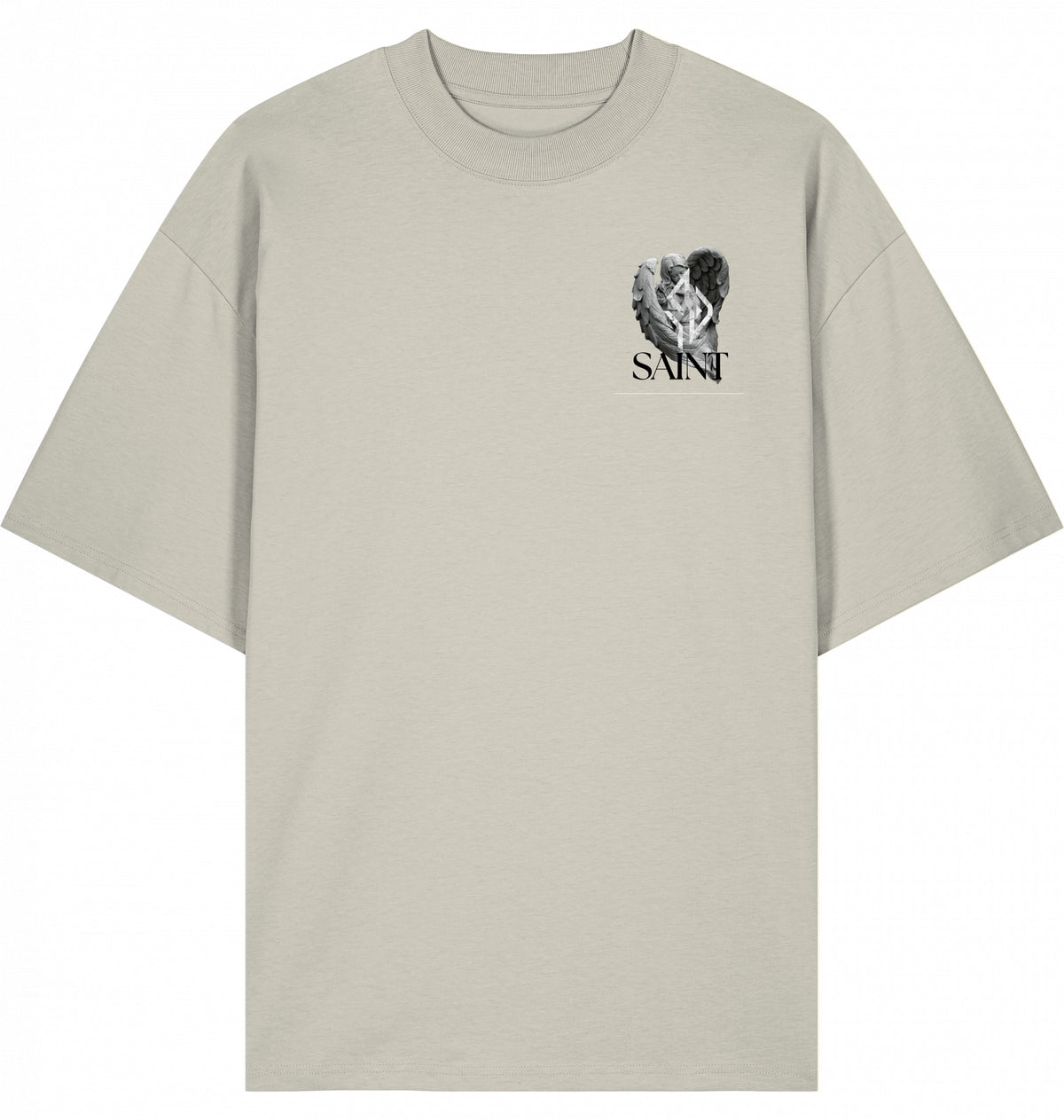 VESTR SAINT – Oversized Tee in Natural Raw, kleines SAINT-Zeichen auf der Brust von SUÐR