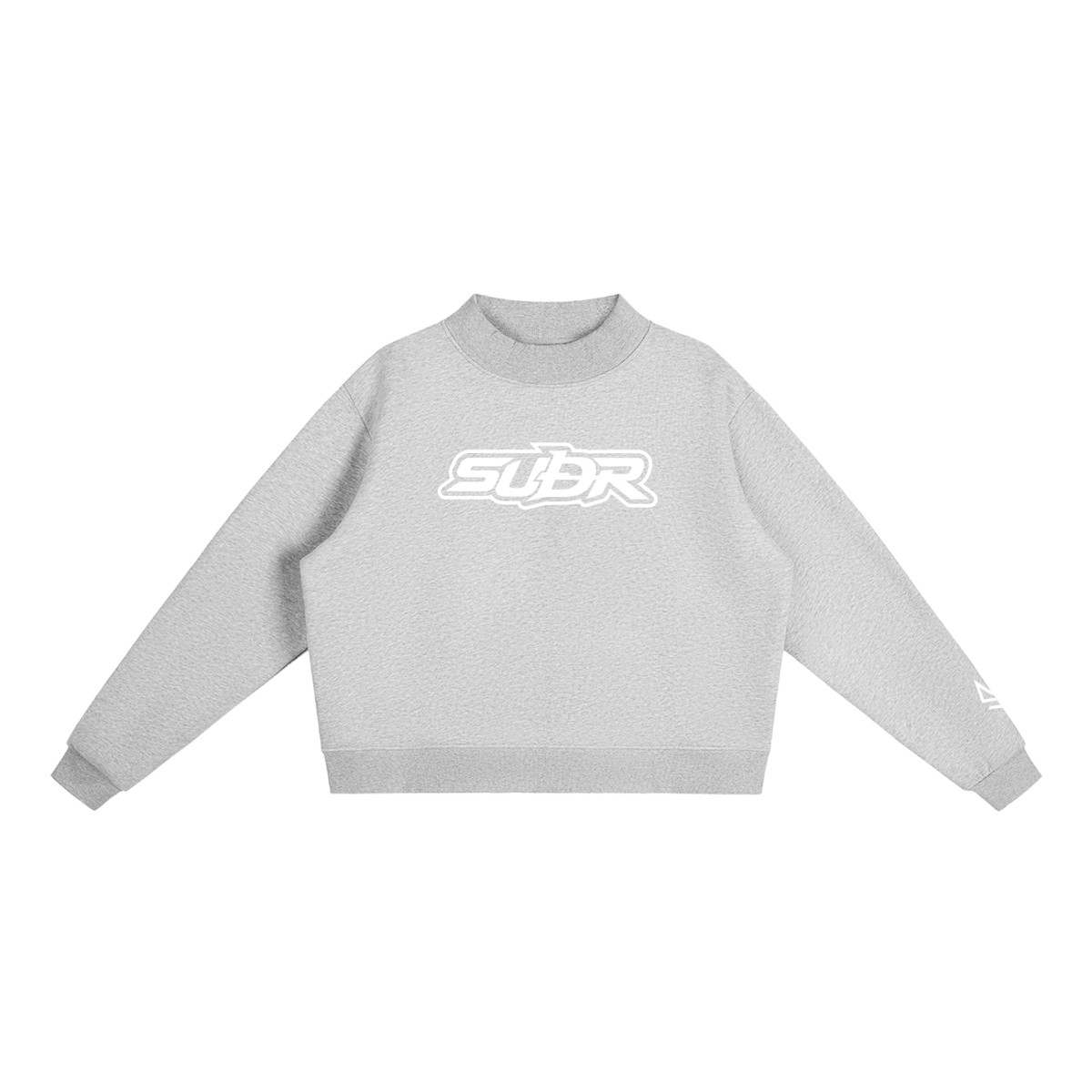 SUÐR Mock-Neck Sweatshirt – Sweatshirt in Flower Gray, Vorderseite mit SUÐR-Schriftzug in Weiß auf der Brust