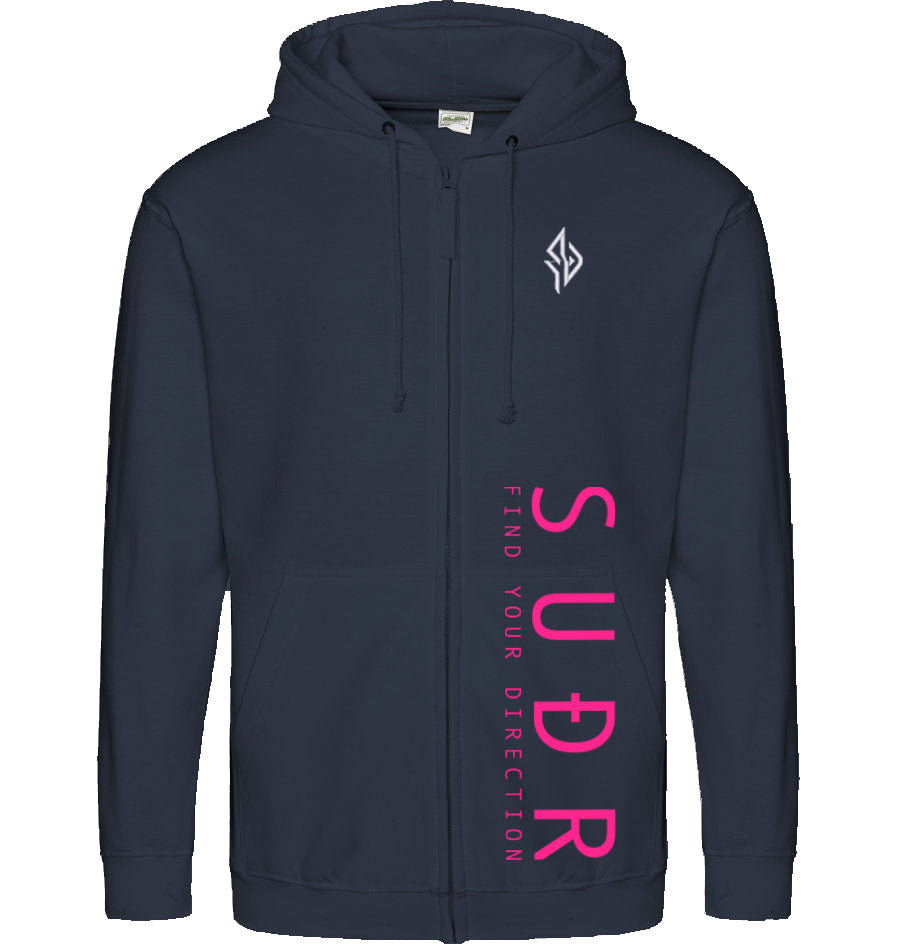 SUÐR FIND 07 Zoodie in Oxford Navy – Vorderansicht mit Emblem und SUÐR-Schriftzug
