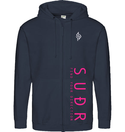 SUÐR FIND 07 Zoodie in Oxford Navy – Vorderansicht mit Emblem und SUÐR-Schriftzug