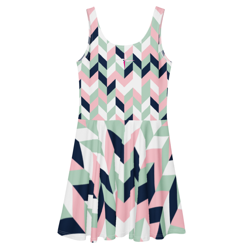SUÐR-'26 Skater Dress Chevron – ärmelloses Skater-Kleid mit Fischgrät-Print in Rosé, Mint und Navy