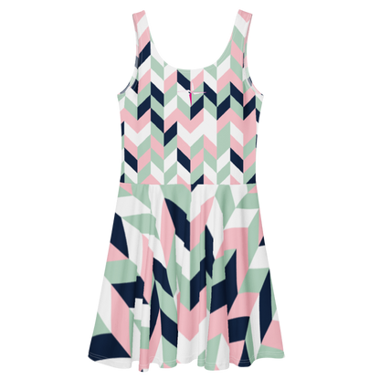 SUÐR-'26 Skater Dress Chevron – ärmelloses Skater-Kleid mit Fischgrät-Print in Rosé, Mint und Navy