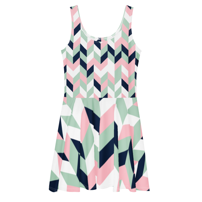 SUÐR-'26 Skater Dress Chevron – ärmelloses Skater-Kleid mit Fischgrät-Print in Rosé, Mint und Navy