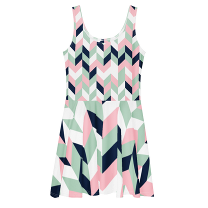SUÐR-'26 Skater Dress Chevron – ärmelloses Skater-Kleid mit Fischgrät-Print in Rosé, Mint und Navy