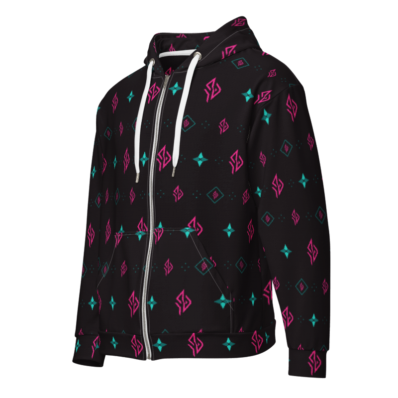 SUÐR Signature Zip Hoodie – Schwarz/Pink-Türkis