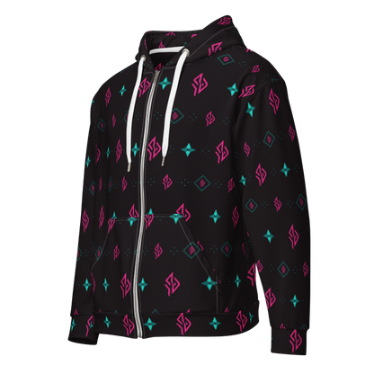 SUÐR Signature Zip Hoodie – Schwarz/Pink-Türkis