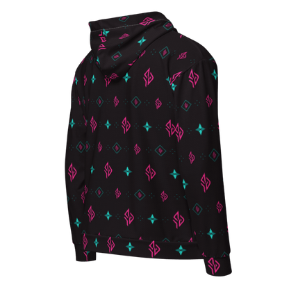 SUÐR Signature Zip Hoodie – Schwarz/Pink-Türkis