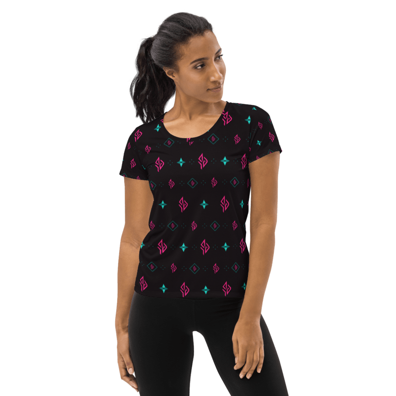 SUÐR Signature Crew Tee Damen – Schwarz/Pink-Türkis