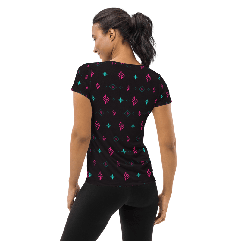 SUÐR Signature Crew Tee Damen – Schwarz/Pink-Türkis