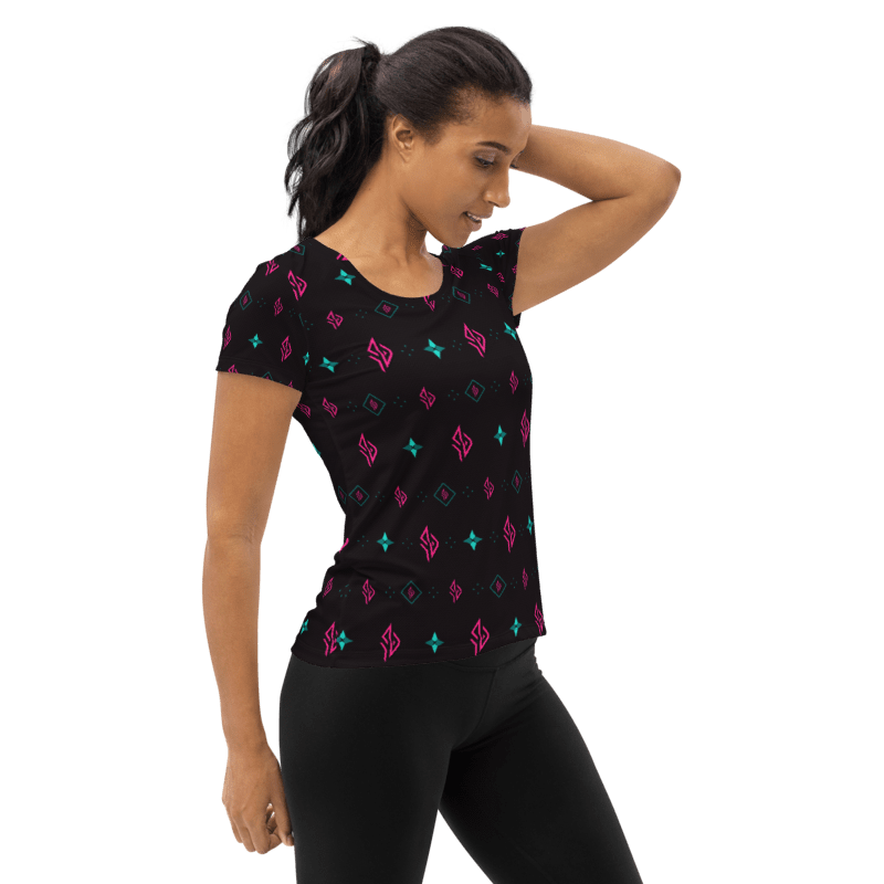 SUÐR Signature Athletic Tee Damen – Schwarz/Pink-Türkis