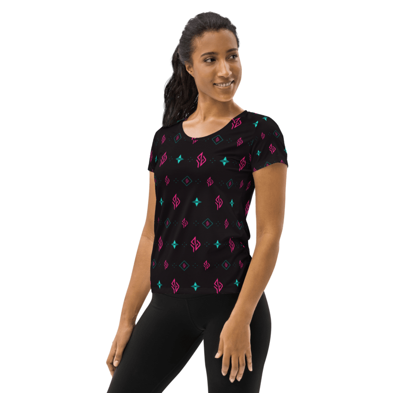 SUÐR Signature Crew Tee Damen – Schwarz/Pink-Türkis