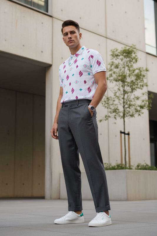 SUÐR Polo – Weiß/Pink-Türkis