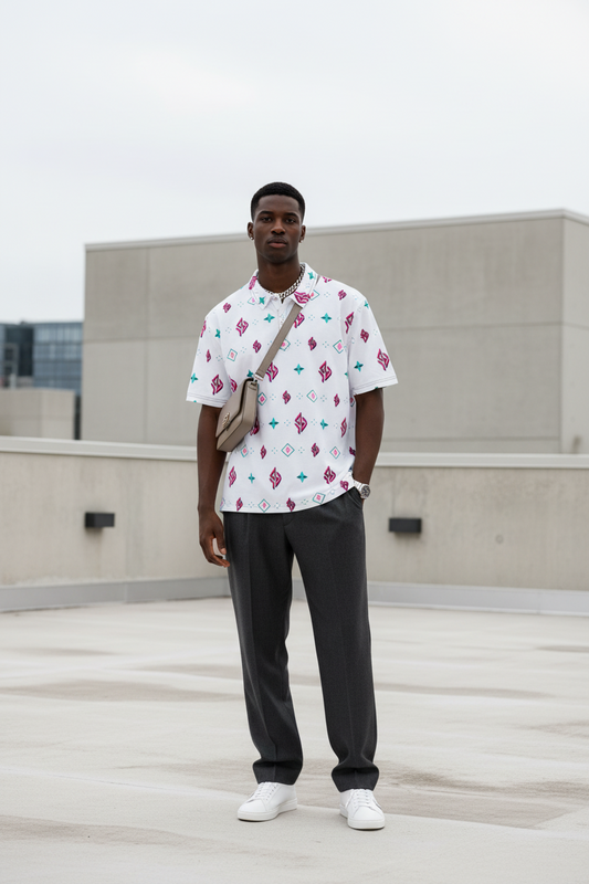 SUÐR Polo – Weiß/Pink-Türkis