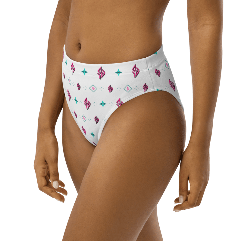 SUÐR Signature High-Waist Bikini Bottom – Weiß/Pink-Türkis