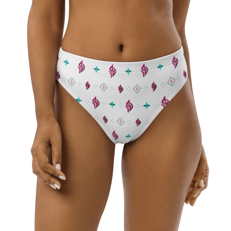 SUÐR Signature High-Waist Bikini Bottom – Weiß/Pink-Türkis