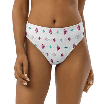 SUÐR Signature High-Waist Bikini Bottom – Weiß/Pink-Türkis