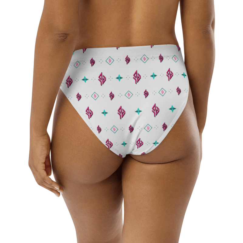 SUÐR Signature High-Waist Bikini Bottom – Weiß/Pink-Türkis