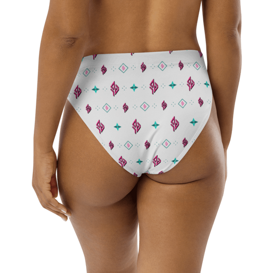 SUÐR Signature High-Waist Bikini Bottom – Weiß/Pink-Türkis