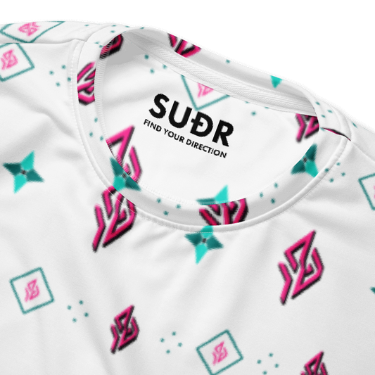 SUÐR Signature Sweatshirt – Weiß/Pink-Türkis