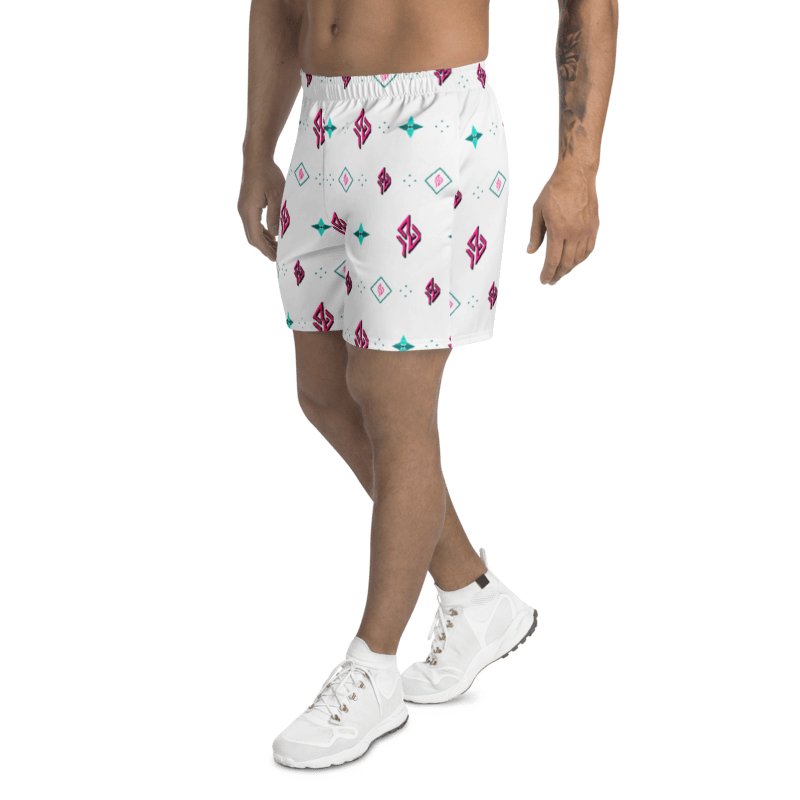 SUÐR Signature Athletic Long Shorts – Weiß/Pink-Türkis