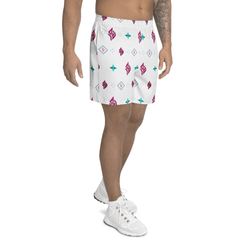 SUÐR Signature Athletic Long Shorts – Weiß/Pink-Türkis