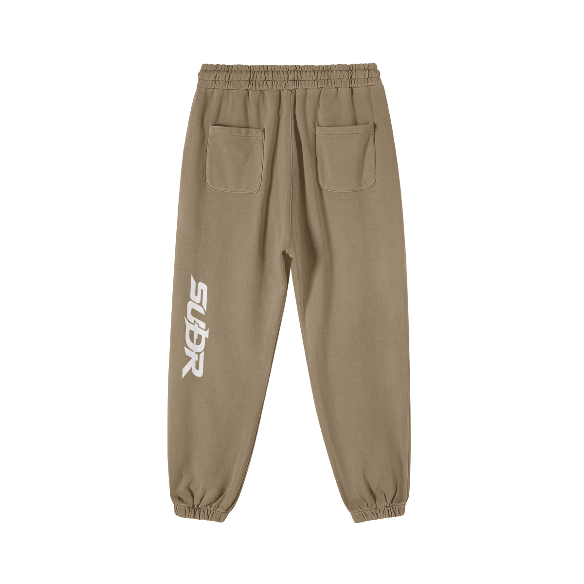 SUÐR Baggy Jogger Baumwolle – Baggy Jogger in Khaki, Rückansicht mit SUÐR-Schriftzug am Bein