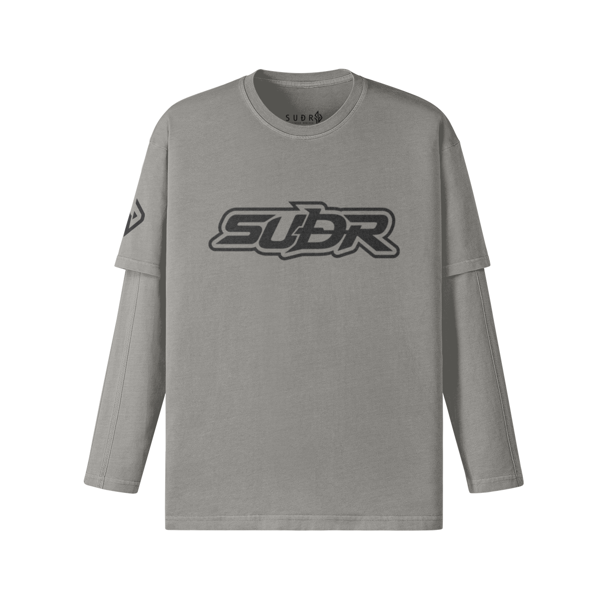 SUÐR Never Fear Layered Longsleeve – Layered Longsleeve in Hellgrau, Vorderansicht