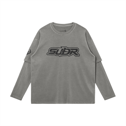 SUÐR Never Fear Layered Longsleeve – Layered Longsleeve in Hellgrau, Vorderansicht