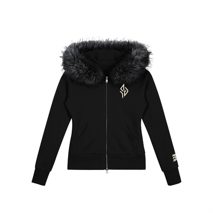 SUÐR Velvet Fur Zip-Hoodie Schwarz – Zip-Hoodie mit Pelzkapuze in Schwarz