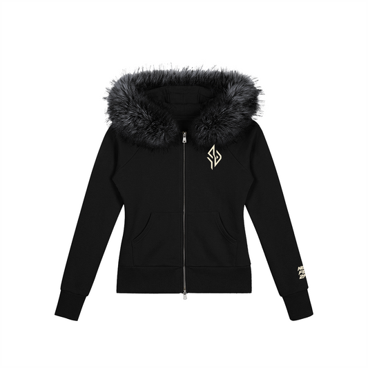 SUÐR Velvet Fur Zip-Hoodie Schwarz – Zip-Hoodie mit Pelzkapuze in Schwarz
