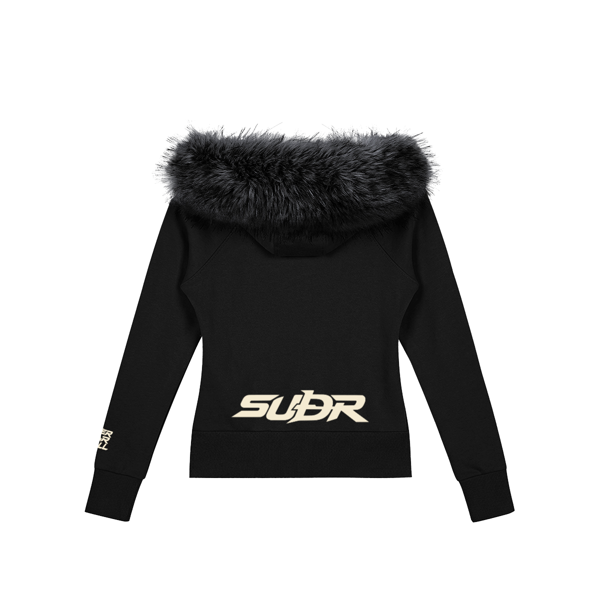 SUÐR Velvet Fur Zip-Hoodie Schwarz – Zip-Hoodie mit Pelzkapuze in Schwarz – Rückansicht