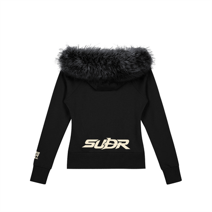 SUÐR Velvet Fur Zip-Hoodie Schwarz – Zip-Hoodie mit Pelzkapuze in Schwarz – Rückansicht