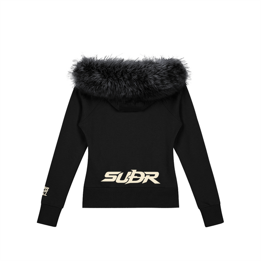 SUÐR Velvet Fur Zip-Hoodie Schwarz – Zip-Hoodie mit Pelzkapuze in Schwarz – Rückansicht