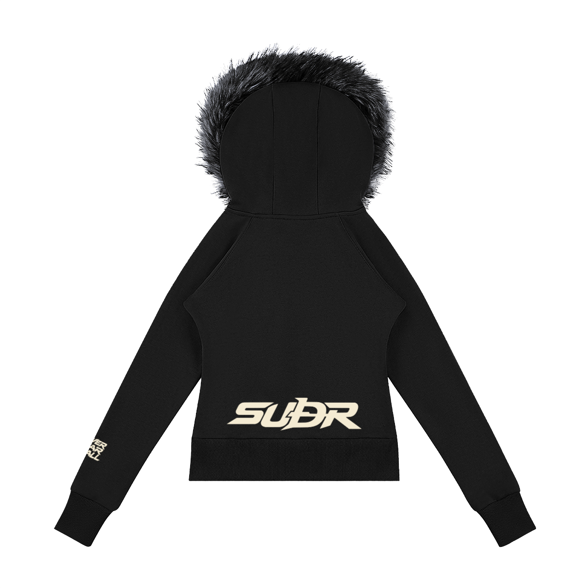 SUÐR Velvet Fur Zip-Hoodie Schwarz – Zip-Hoodie mit Pelzkapuze in Schwarz – Rückansicht