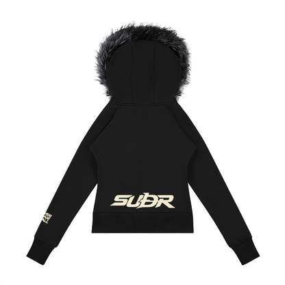 SUÐR Velvet Fur Zip-Hoodie Schwarz – Zip-Hoodie mit Pelzkapuze in Schwarz – Rückansicht