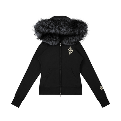 SUÐR Velvet Fur Zip-Hoodie Schwarz – Zip-Hoodie mit Pelzkapuze in Schwarz