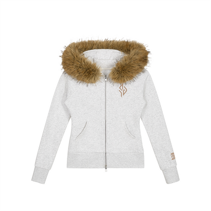 SUÐR Velvet Fur Zip-Hoodie Grau – Zip-Hoodie mit Pelzkapuze in Hellgrau