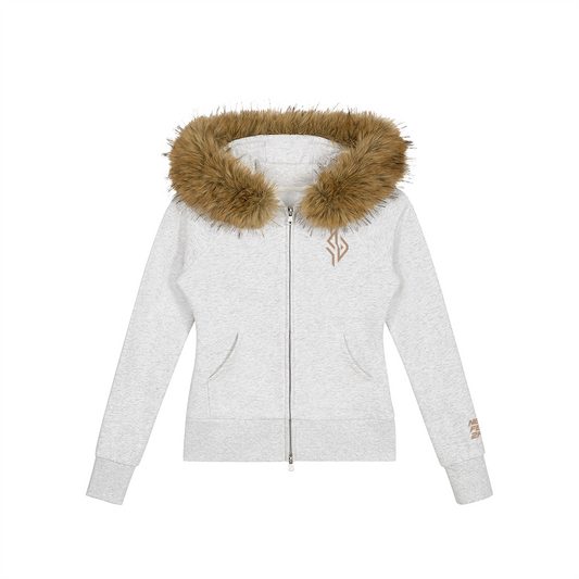 SUÐR Velvet Fur Zip-Hoodie Grau – Zip-Hoodie mit Pelzkapuze in Hellgrau