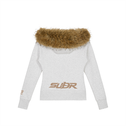 SUÐR Velvet Fur Zip-Hoodie Grau – Zip-Hoodie mit Pelzkapuze in Hellgrau – Rückansicht