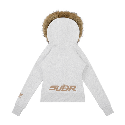 SUÐR Velvet Fur Zip-Hoodie Grau – Zip-Hoodie mit Pelzkapuze in Hellgrau – Rückansicht