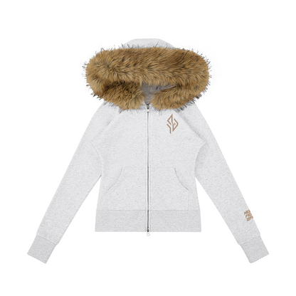 SUÐR Velvet Fur Zip-Hoodie Grau – Zip-Hoodie mit Pelzkapuze in Hellgrau
