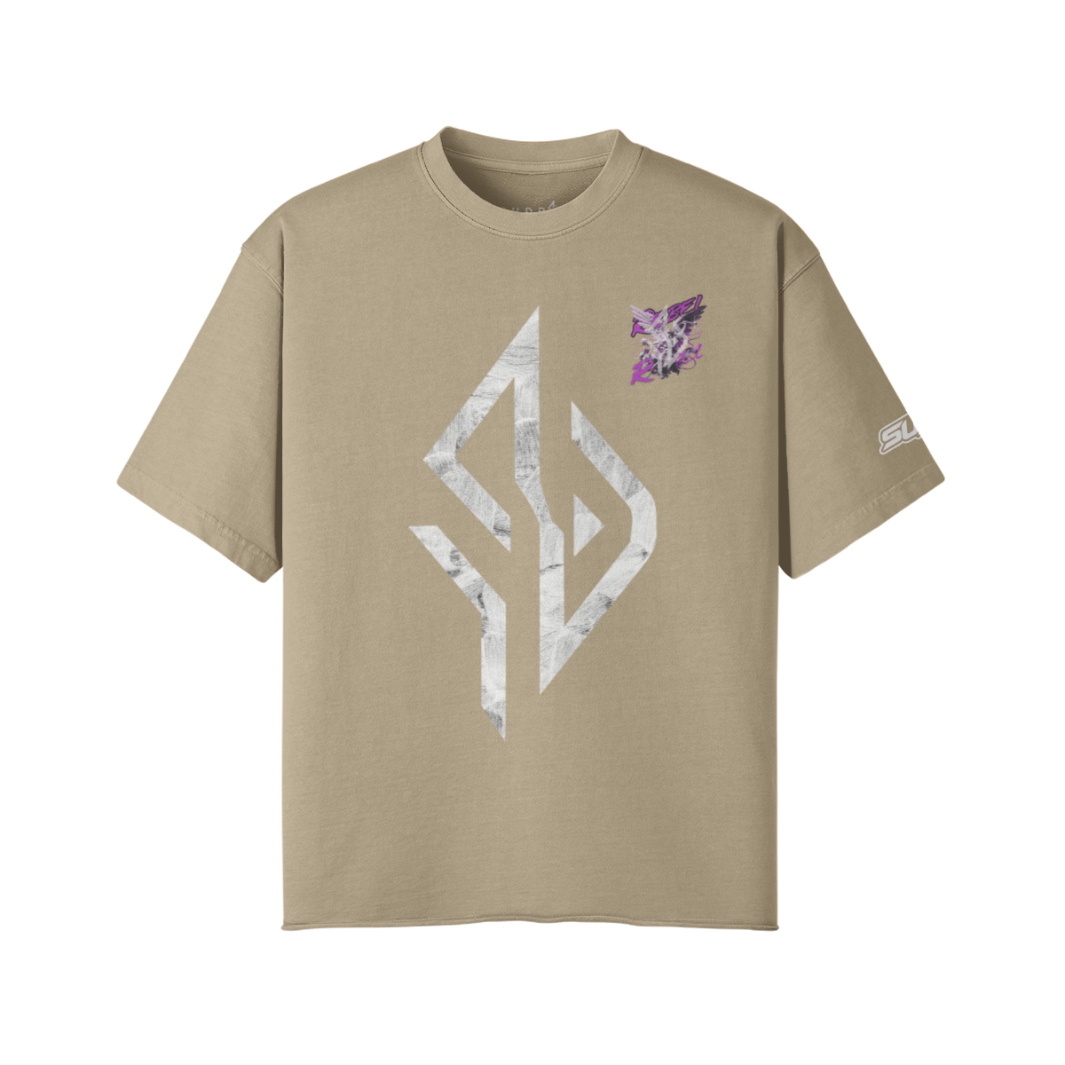 VESTR ANGEL SHIRT – Vintage Oversized Tee in Khaki, Vorderseite, Emblem in Marmor und kleiner Engel auf der Brust