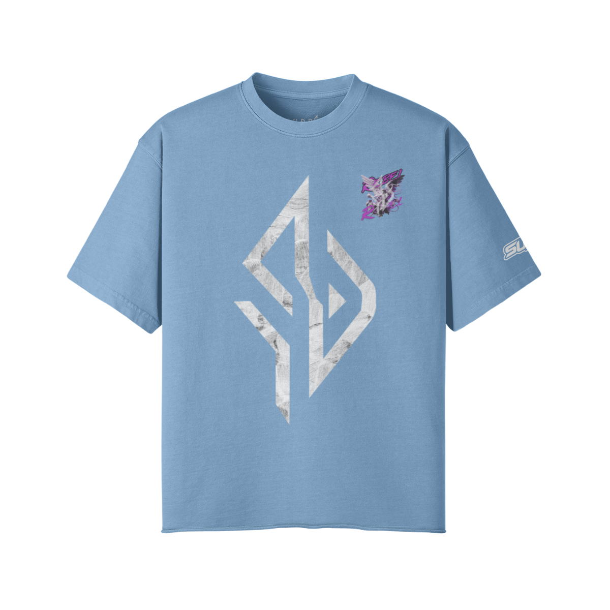 VESTR ANGEL SHIRT – Vintage Oversized Tee in Slate Blue, Vorderseite, Emblem in Marmor und kleiner Engel auf der Brust
