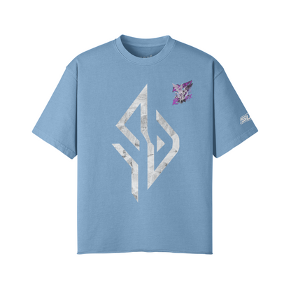 VESTR ANGEL SHIRT – Vintage Oversized Tee in Slate Blue, Vorderseite, Emblem in Marmor und kleiner Engel auf der Brust