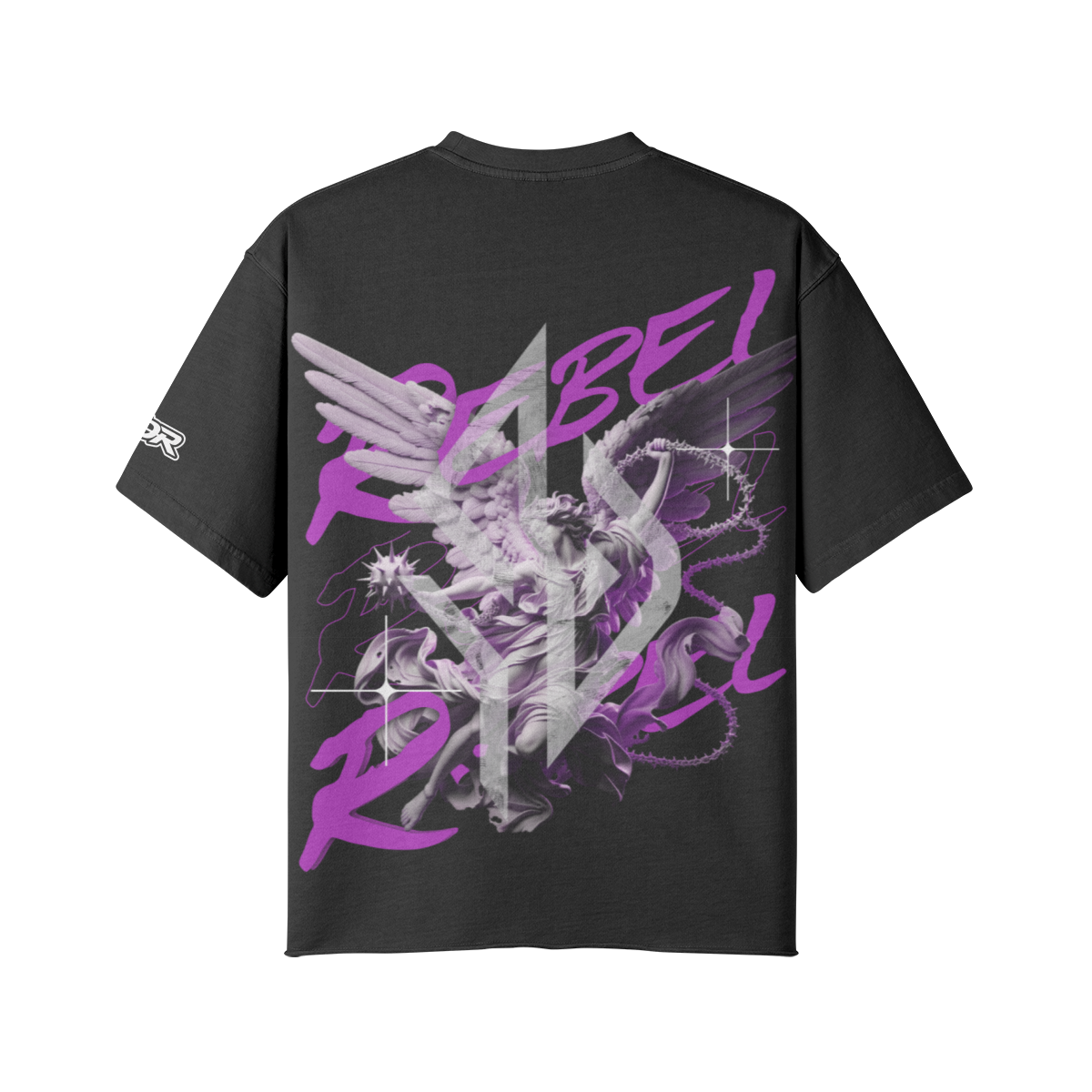 VESTR ANGEL SHIRT – Vintage Oversized Tee in Faded Black, Rückseite, Engel mit REBEL in Violett von SUÐR