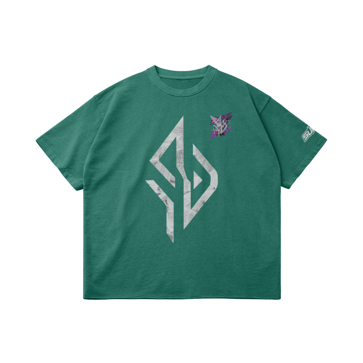 VESTR ANGEL SHIRT – Vintage Oversized Tee in Wintergreen Dream, Vorderseite liegend, Emblem in Marmor und kleiner Engel auf der Brust