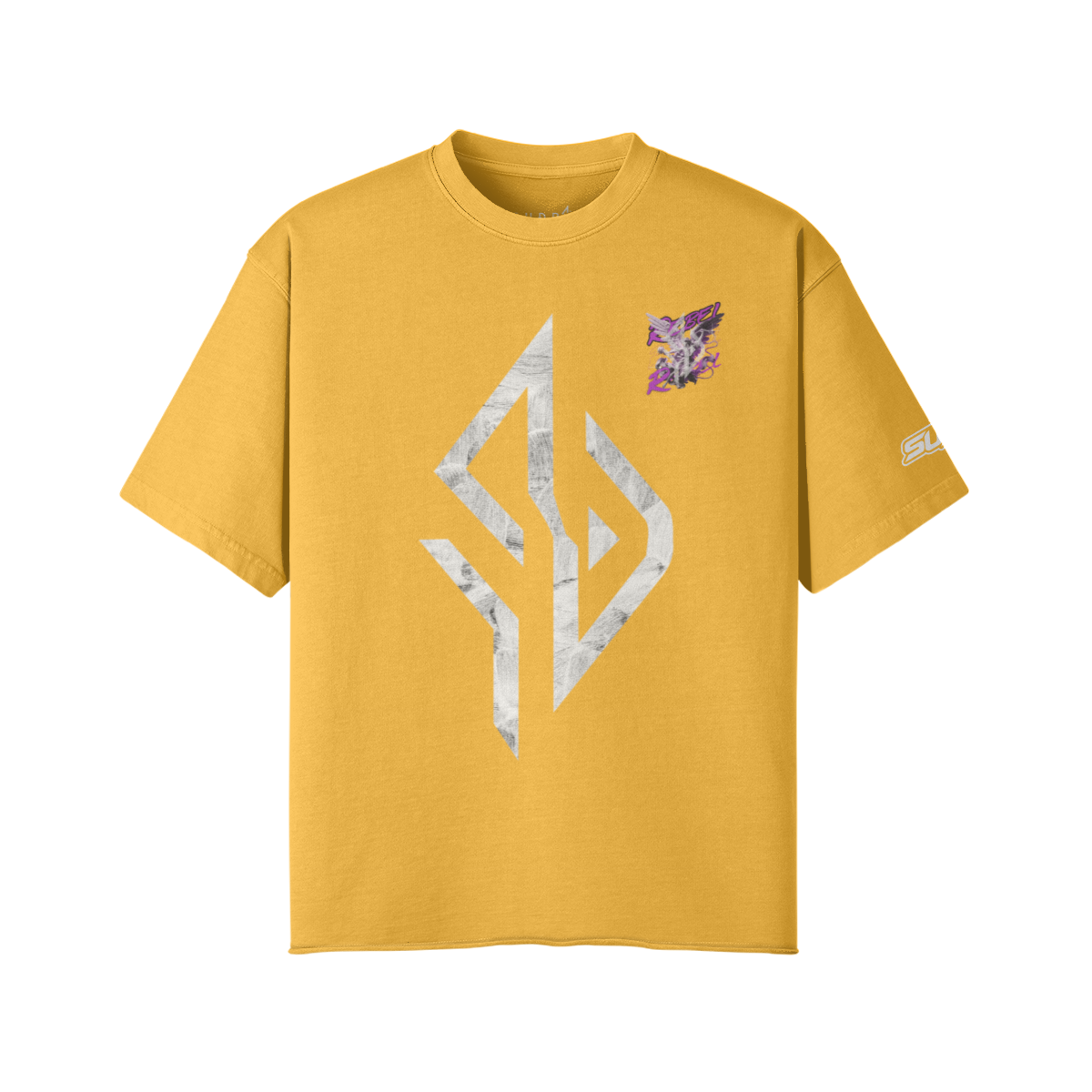 VESTR ANGEL SHIRT – Vintage Oversized Tee in Vintage Yellow, SUÐR-Emblem in Marmor vorne