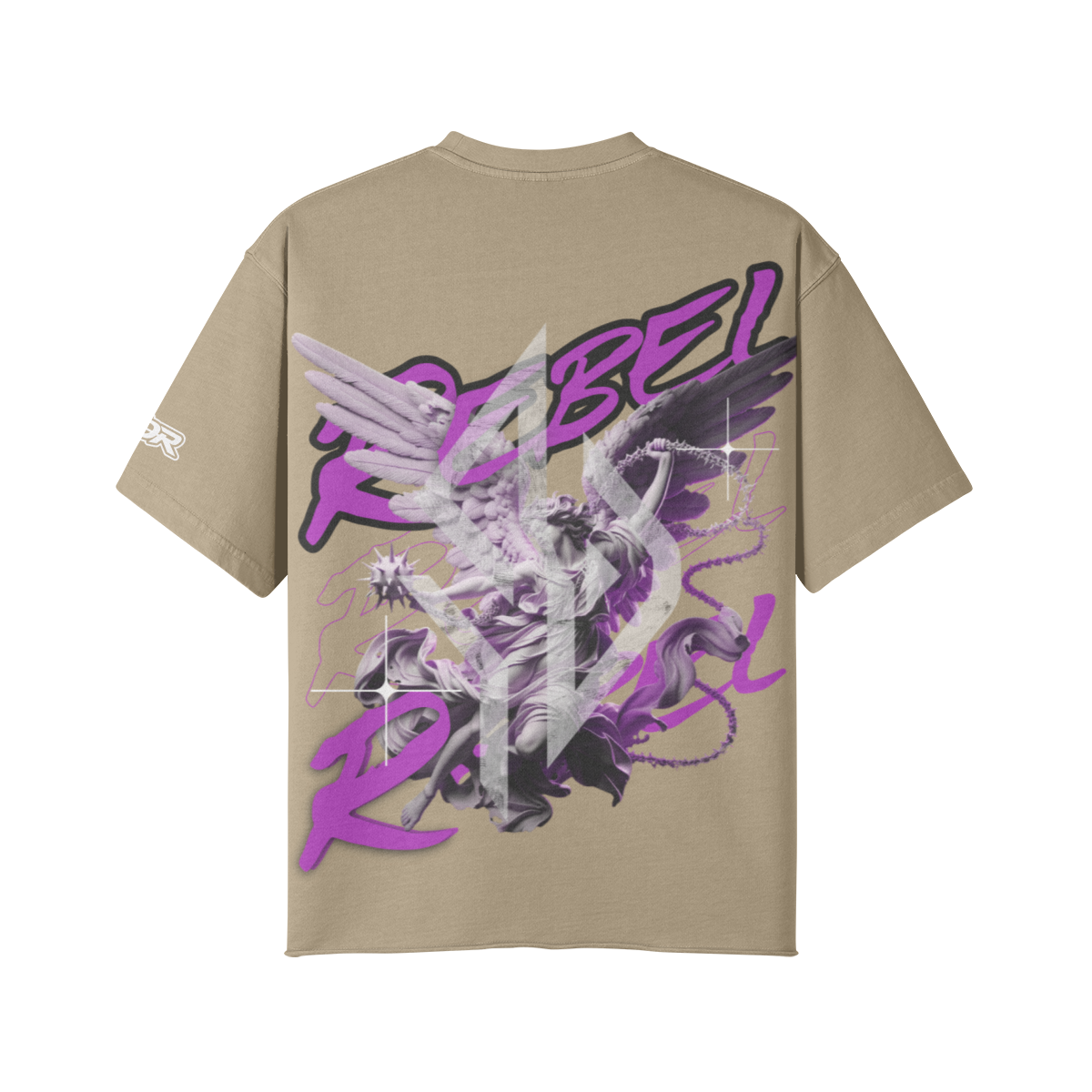 VESTR ANGEL SHIRT – Vintage Oversized Tee in Khaki, Rückseite, Engel mit REBEL in Violett von SUÐR