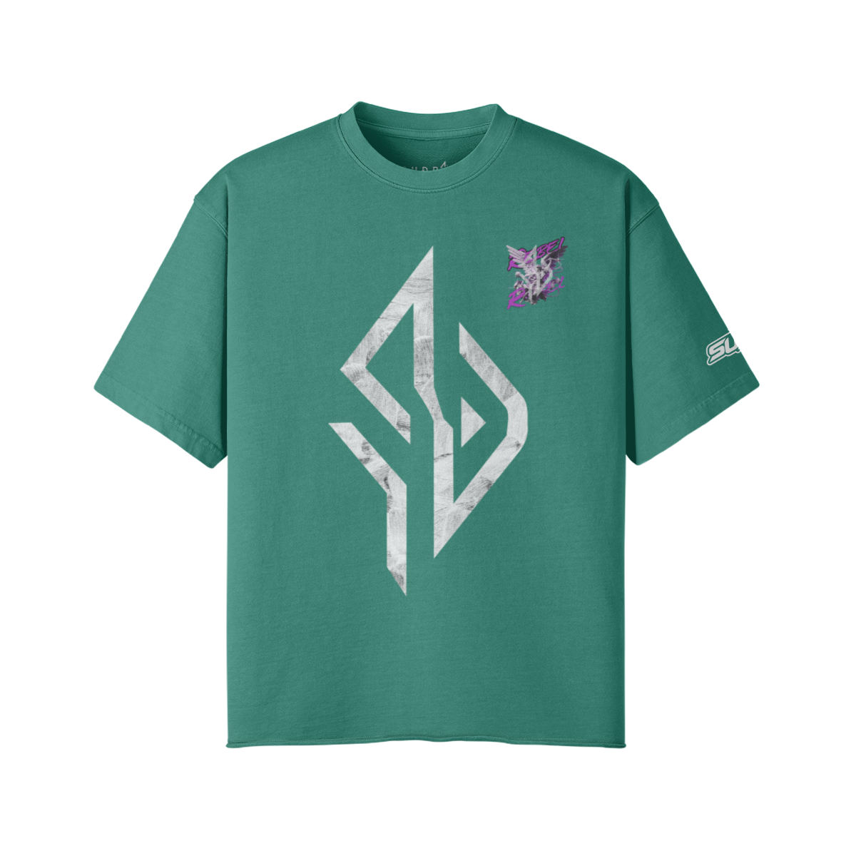 VESTR ANGEL SHIRT – Vintage Oversized Tee in Wintergreen Dream, SUÐR-Emblem in Marmor vorne